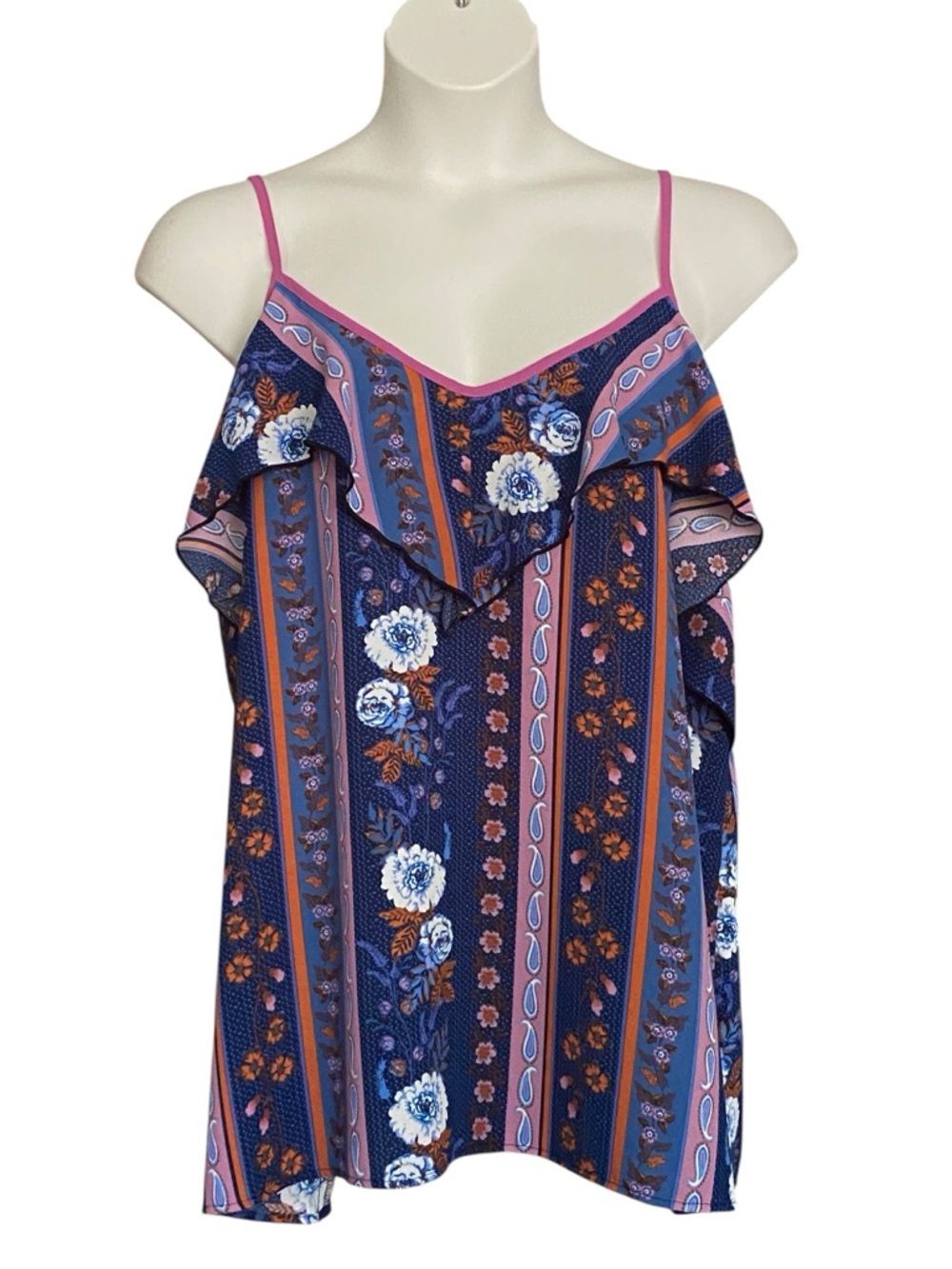 Haptics Boutique Style Boho Ruffle Tank Top Blue Floral Womens Plus Size 2X NWOT